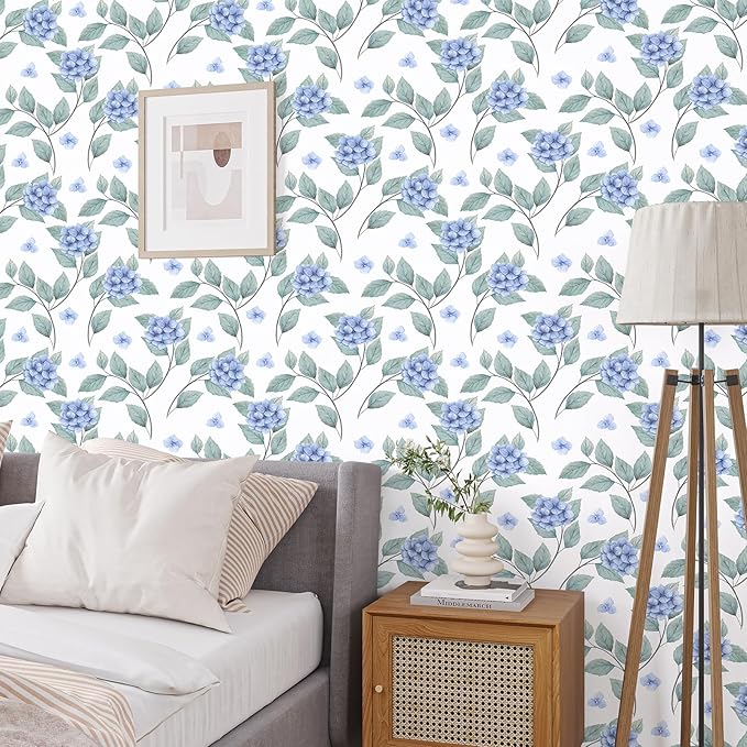 Blue Floral Peel and Stick Wallpaper Boho Hydrangea Floral Contact Paper for Cabinets Drawers 17.7"x160" Prepasted Watercolor Flower Wall Paper Blue and White Botanical Wallpaper for Bedroom