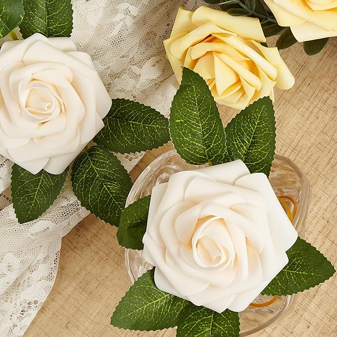Artificial Flowers, 50pcs Creamy Yellow and Ivory Artificial Rose for DIY Wedding Bouquets Centerpieces Arrangements, Fake Flower with Stems for Party Home Decorations