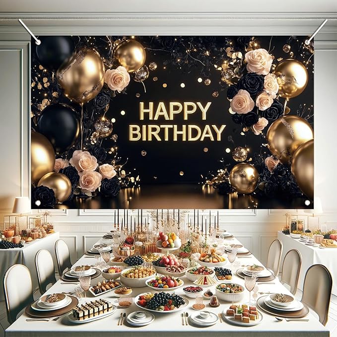 Black Gold Happy Birthday Backdrop Banner Elegant Rose Floral Balloon Photography Background Luxury Birthday Party Decoration Banner Photo Booth Props 71x43 Inch