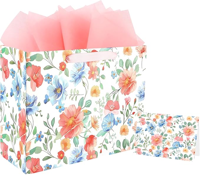 ASYEHNR 13" Large Size Floral Gift Bag Floral Pink Blue Sage Green Flower Pattern Gift Bag with Greeting Card Tissue Paper for Women Girls Birthday Baby Shower Wedding Mother's Day Spring Supplies