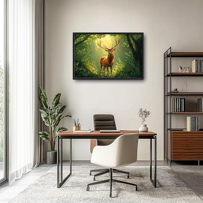 Forest Elk Deer Large Wall Art Framed Green Wall Decor for Living Room Farmhouse Deer Pictures Oversized Canvas Print Painting Modern Extra Large Framed Artwork for Bedroom Office 36"x24"