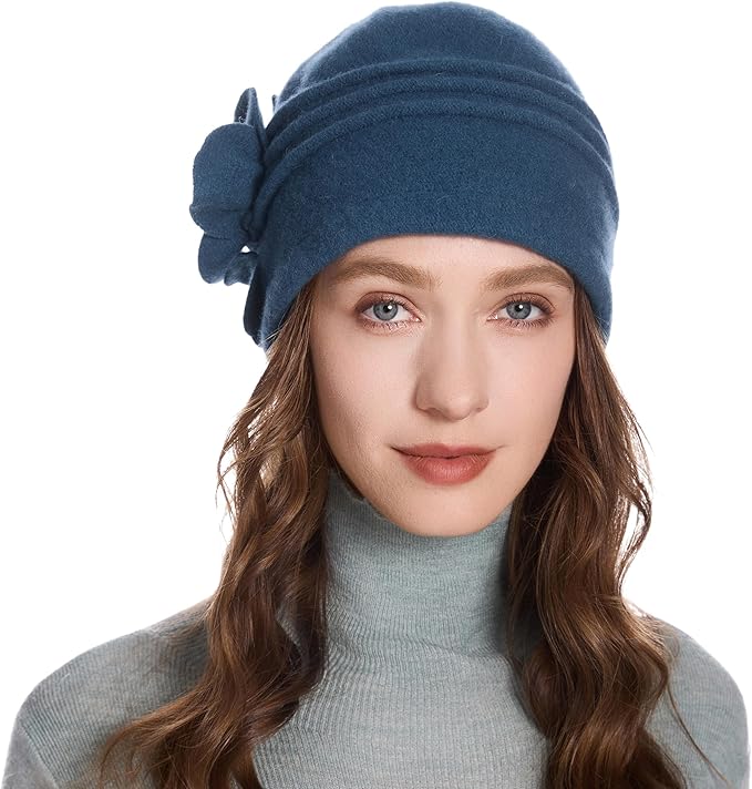 ZLYC Women Wool Cloche Bucket Hat 1920s Vintage Dress Winter Hats with Flower Accent