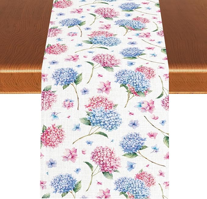 Hydrangea Table Runner, Spring Summer Watercolor Blue Floral Seasonal Country Farmhouse Coffee Table Center Decor for Home Kitchen Dining Patio Holiday Party Table Decorations 13x108 inches