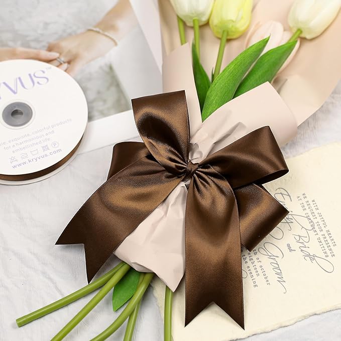 Brown Satin Ribbon, Double Faced 1-1/2 Inch X 50 Yards Brown Ribbon, Premium Satin Ribbon for Gift Wrapping, Crafts, Hair Bow Making, Sewing, Flower Bouquet, Wedding Party Decor