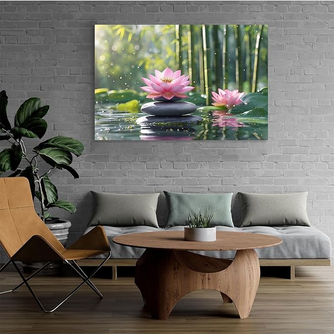 Ethereal pink lotus on obsidian Sunlit bamboo forest with sparkling water drops Poetic nature inspired wall art for tranquil homes and mindful spaces 28x40in Frameless