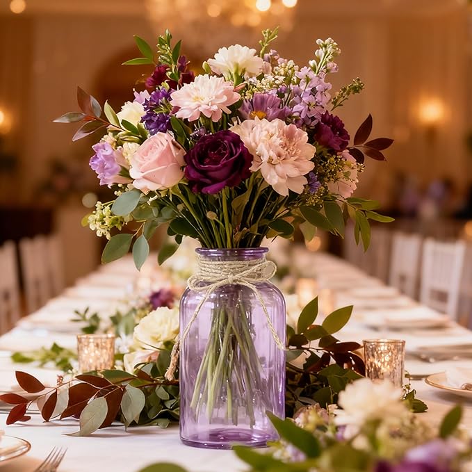 Vintage Glass Flower Vase，3 Pack Farmhouse Purple Glass Centerpiece Vases Mason Jars for Weddings, Parties & Home Decor Bulk (3, Purple)