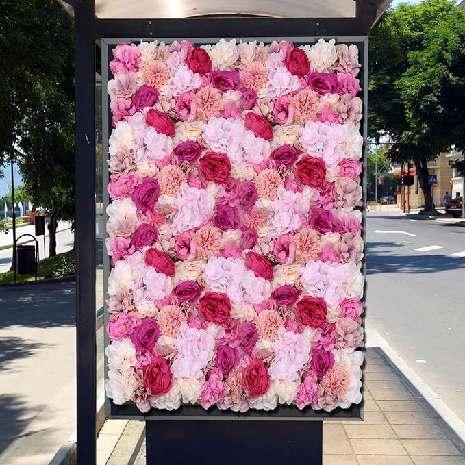6PCs Floral Backdrop, Realistic Silk Rose Wall, 23.6 * 15.7 in Artificial Flower Wall Decor for Wedding, Home Decor (Fuchsia)