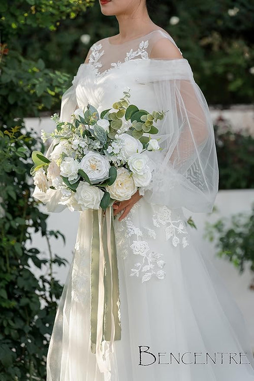 14 Inch White Bridal Bouquet,Wedding Bouquet,Bride Bouquets for Wedding Ceremony Anniversary, Party and French Rustic Vintage Wedding,Artificial Flowers