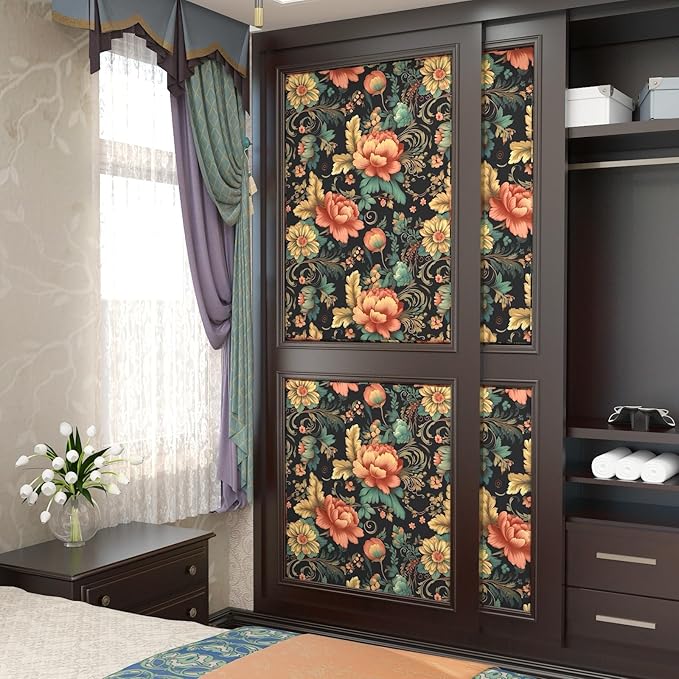 Vibrant Floral Peel and Stick Wallpaper Vintage,Boho Colorful Contact Paper,Peel Stick Cabinet,Wallpaper for Bedroom Bathroom Wall Removable Dark Black 17.5 x 118In