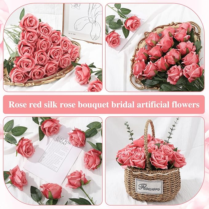 80 Pcs Roses Artificial Flowers, Silk Rose Red Artificial Flowers Petals Long Stem Roses for Wedding Bouquet Home Party Decor