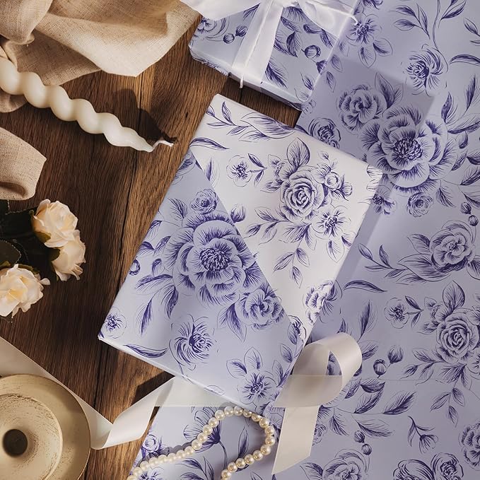 WRAPAHOLIC 30 Inch Reversible Floral Wrapping Paper Roll - 30 Inch x 33 Feet - Purple Flower Wrapping Paper for Wedding, Bridal Shower, Mother's Day, Birthday, Baby Shower
