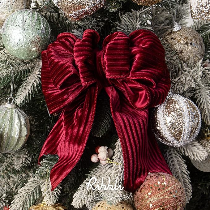 Ribbli Glossy Dark Red Velvet Wired Ribbon 4 Inch Striped Velvet Christmas Ribbon for Gift Wrapping Christmas Tree Decoration Crafts Wreaths Supplies-Continuous 10 Yards