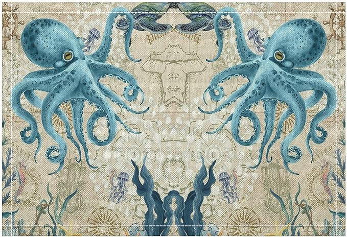 Nautical Placemats Beach Ocean Starfish Seashell Octopus Art Printed Dining Table Mats Set of 4 for Restaurant Home Kitchen Holiday Picnic Party Decor 12x18in