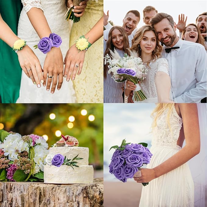 JOYLEX Artificial Flowers Realistic Roses, Real Looking Fake Roses with Stem for DIY Wedding Bouquets Centerpieces Bridal Shower Party Home Romantic Decorations (Purple, Regular 3" - 200pcs)