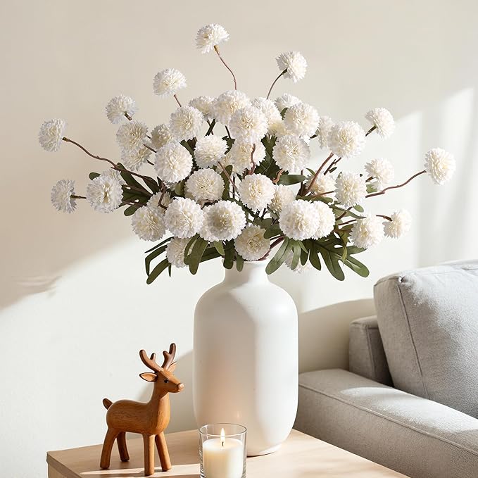 HyeFlora Fake Kiku Flowers,Faux Silk Pompon Mums 40heads Artificial Flowers,Chrysanthemum Stems Floral Arrangement Dried Flowers Vintage Decorative Indoor Home Vase Decor White