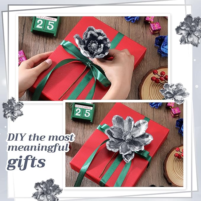 20 Pcs Christmas Glitter Poinsettia Magnolia Flowers Ornaments Large Heads Artificial Magnolia Flowers for Christmas Tree Xmas Wreath Holiday Wedding Decor (Grey)