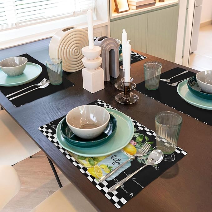 Lemon Fruit Placemats, Watercolour Lattice Black Minimalist Fruit Lemon Flower Plant Print Washable Fabric Placemats Table Kitchen Dining Party 12x18 Inch Set of 6