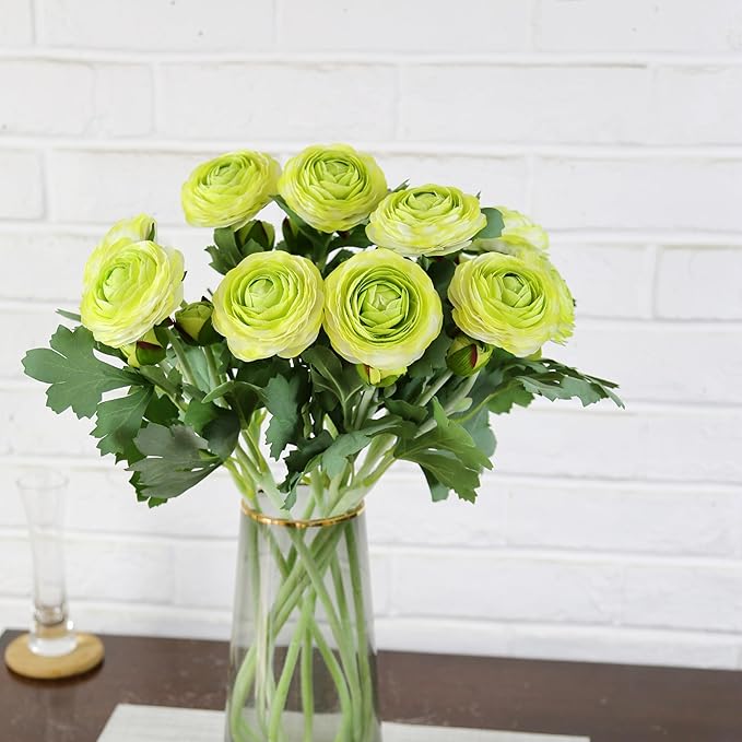 Artificial Ranunculus Flowers with Real Touch Stem,Silk Ranunculus Flowers (Green, 6pcs)