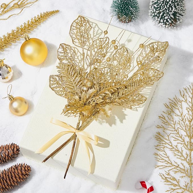 30 Pcs Artificial Christmas Tree Picks and Sprays Glitter Berry Stem Branches Holly Floral Picks Twigs Christmas Tree Ornaments for DIY Xmas Wreath Vase Filler Decorations(Gold)