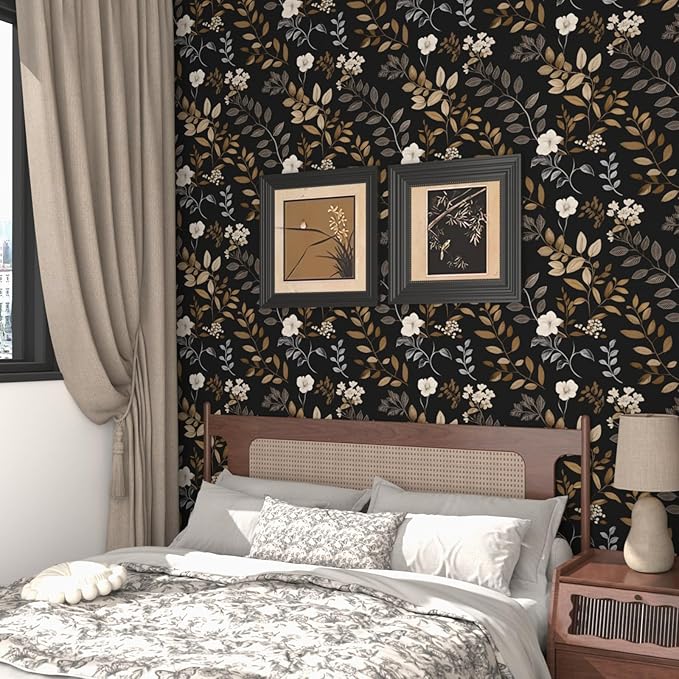 Vintage Wallpaper Peel and Stick Black Floral Wall paper 17.5'' x 393'' Gold Leaf Contact Paper Waterproof Self Adhesive Removable Modern Boho Walls Murals for Bedroom Cabinets Kitchen Locker Drawer