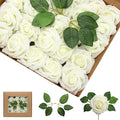Artificial Flowers Milk White Roses 50PCS Real Looking Foam Fake Roses with Leaves and for DIY Wedding Bouquets Bridal Shower Centerpieces Party Decorations (Ivory)