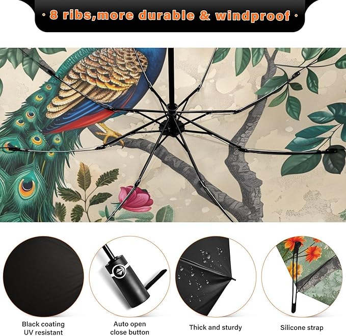 Automatic Folding Umbrella Windproof Strong, UV Protection Compact Floral Hydrangea Hummingbird Sun Rain Sun Rain Travel Umbrellas for Women Men