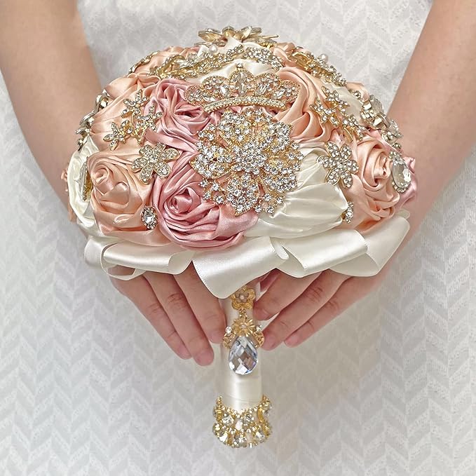 Handmade Satin Rose Floral Bling Pearl Decor Bridal Wedding Bouquet Rhinestone Pendant Artificial Brooch Flowers for Bride Bridesmaid Quinceanera