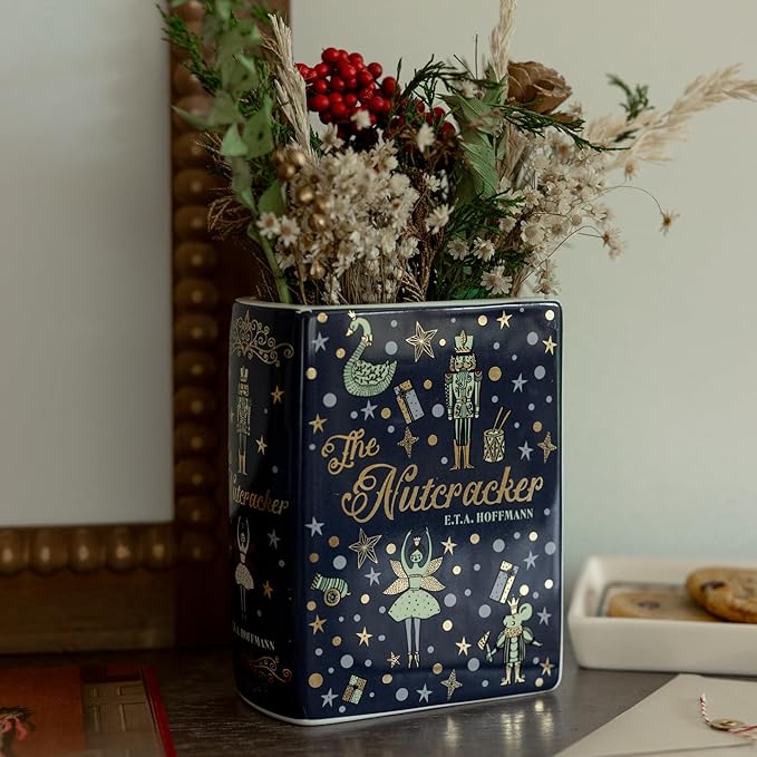 Steel Mill & Co Original Small Book-Shaped Decorative Vase, Ceramic Vases for Festive Home Decor, Cute Christmas Bookshelf Decor, Unique Vase for Book Lovers, Nutcracker