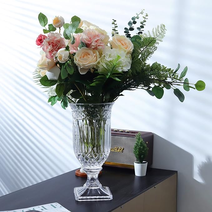 Joeyan 13" Glass Urn Vase,Tall Centerpiece with Ripple Diamond Pattern,Thickened Vase for Home, Wedding Parties