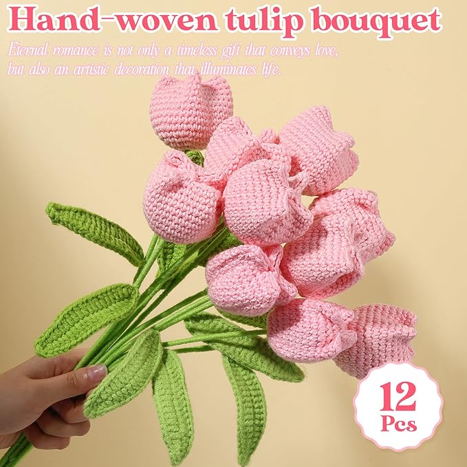 YoungJoy 12 Pcs Crochet Rose Handmade Knitted Flowers Tulip Sunflower Daisy Heart Artificial Knitted Floral Mother Day Graduation Home Decor(Cute Pink Tulip)