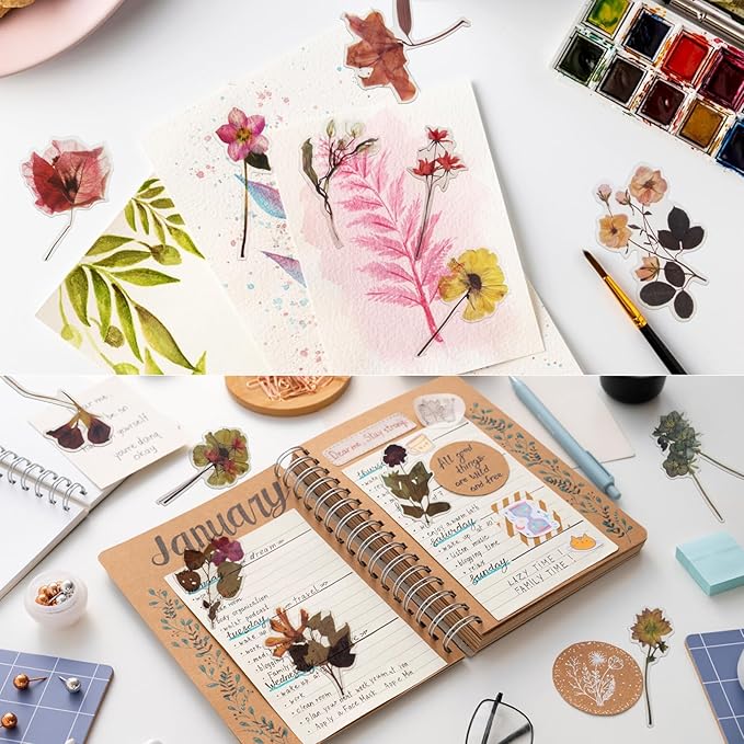 Transparent Flower Stickers for Scrapbooking PET Nature Plant Stickers Floral Stickers Vintage Craft Sticker Colorful Small Flower Sticker for Journaling Scrapbooking Clear Flower Decals(Style D)