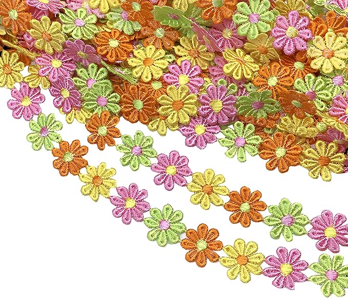15 Yards Daisy Flower Lace Trim Embroidered Floral Lace Sewing Trim Ribbons for Embellishment Craft Dress Hair Accessories Decorations (Yellow/Pink/Green/Orange, 1" x 15 Yards)
