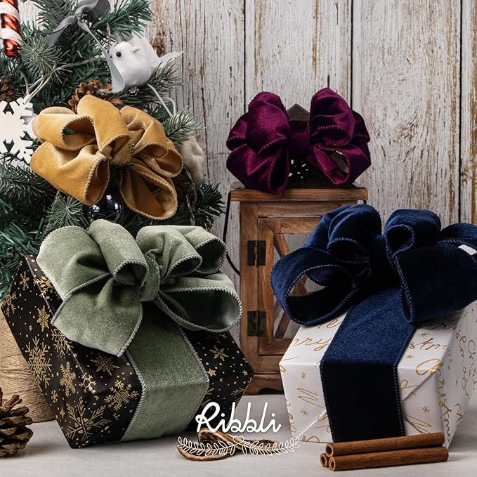 Ribbli Dusty Green Velvet Wired Ribbon 1.5 Inch Sage Velvet with Satin Christmas Ribbon for Gift Wrapping Christmas Tree Decoration Crafts Wreaths Supplies-Continuous 10 Yards