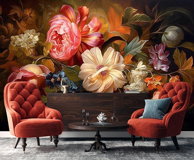 Hand-Painted Watercolor Rose Peony Leaves Flower Mural, Assorted Colors Flower Wallpaper, can be affixed to The Living Room Bedroom Walls（Non-self-Adhesive）