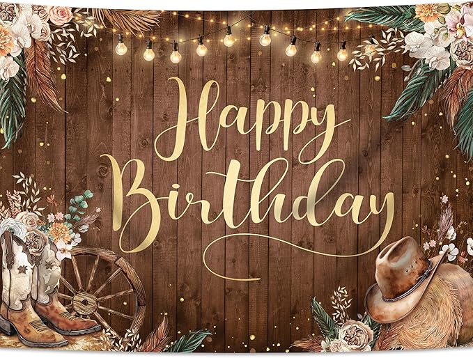 SVBright Western Cowgirl Birthday Backdrop 7Wx5H Pampas Grass Country Wild West Rustic Wooden Boho Flower Retro Boots Hat Farmhouse Decorations Photography Background Banner Photo Booth Studio