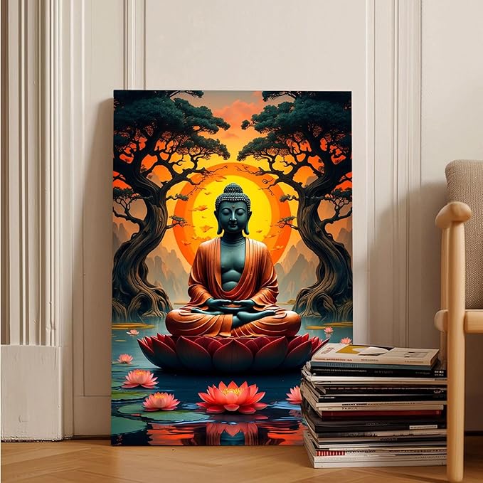 Canvas wall art Golden Buddha on lotus at sunset Ancient trees with reflections on water Serene meditation scene Uplifting wall art for mindfulness and tranquil home decor 8x12in Wood Framed