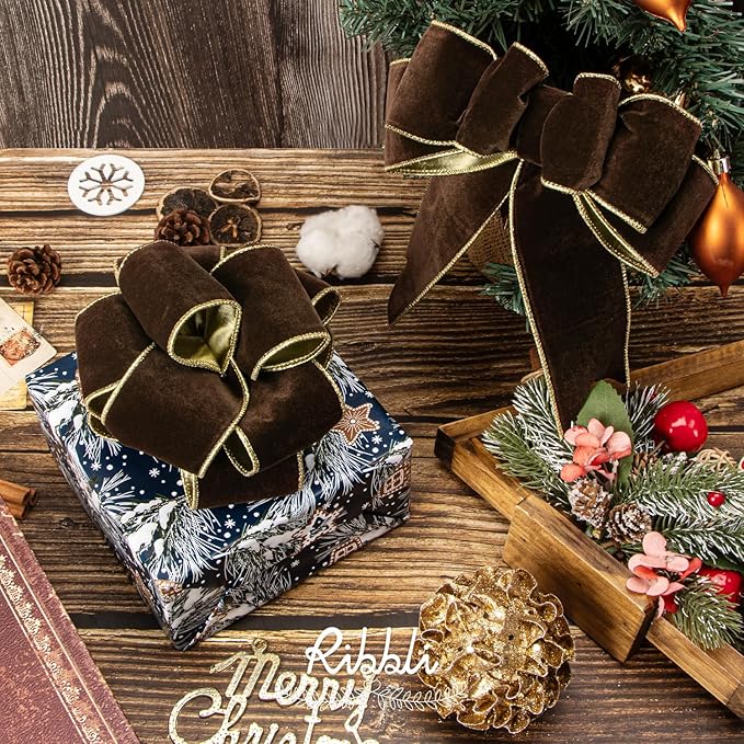 Ribbli Brown Velvet Wired Ribbon 2.5 Inch Luxury Matte Velvet Christmas Ribbon for Gift Wrapping Christmas Tree Decoration Crafts Wreaths Supplies - 10 Yards