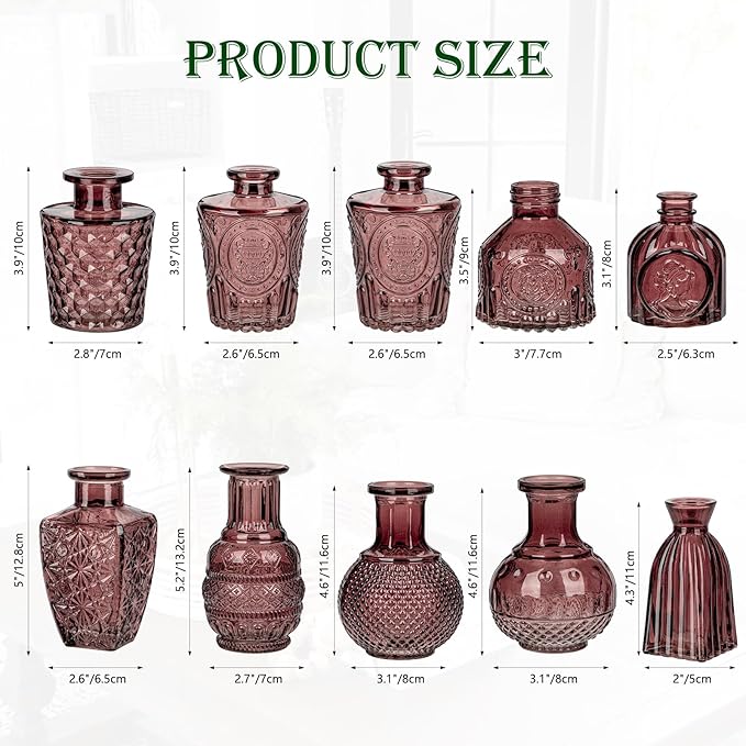 Glass Bud Vases Set of 10, Small Flower Vase in Bulk for Centerpieces, Mini Vintage Wine Red Vases for Rustic Wedding Vintage Home Table Decor