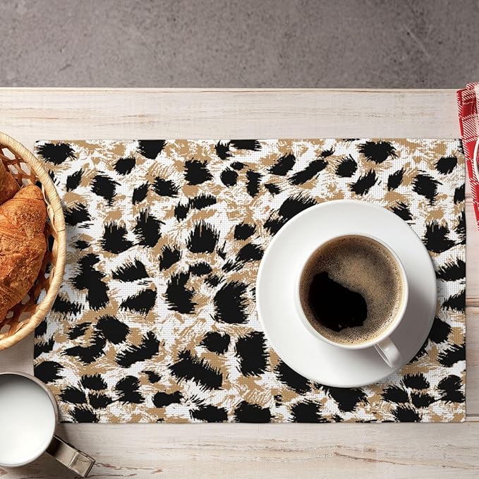 Placemats 4 pcs Leopard Double-Layer Imitation Linen Place Mats Non-Slip Heat-Resistant Tablemats for Home Restaurant Hotel 18×12 Inch