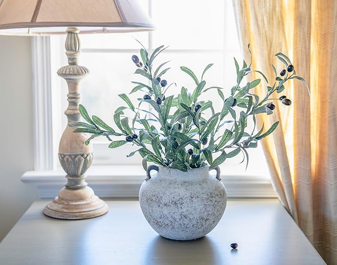 Hand Glazed Rustic White Two-Ear Ceramic Vase, Textured Pottery Vase with Two Ears for Centerpieces, Kitchen, Living Room, Bedroom Decor Gifts (Rustic White, Short)