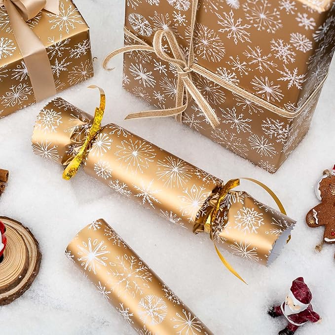MAYPLUSS Winter Snowflake Christmas Wrapping Paper - 17 Inch X 33 Feet - Christmas Festive White Snowflake Print on Gold Mini Roll Reusable Holiday Gift Paper for Party Wedding Birthday Baby Shower