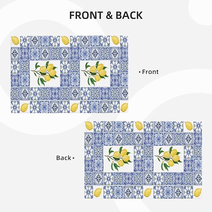 Lemon Table Placemats Set of 4 Blue Tile Print Linen Placemats for Indoor Outdoor Party Home Desktop Kitchen Dining Room Decor 12x18 Inch