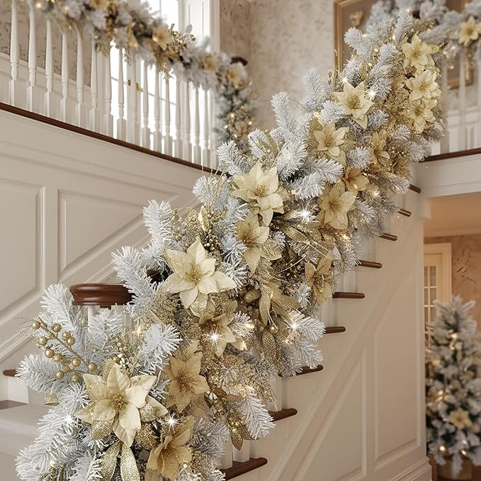 60 Pcs Christmas Glitter Branches 6 Styles Artificial Christmas Picks Berries Stems Poinsettia Flowers Pine Needles Floral Twig Spray for Xmas Tree Ornaments DIY Wreath Garland(Gold)