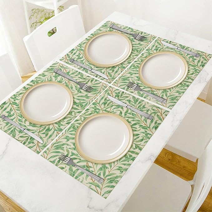 William Morris Vintage Botanical Placemats Set of 4, Retro Leaves Boho Plant Place Mats, Heat Resistant Non Slip Cotton Linen Dining Table Mats for Home Kitchen Party 18x12 Inch