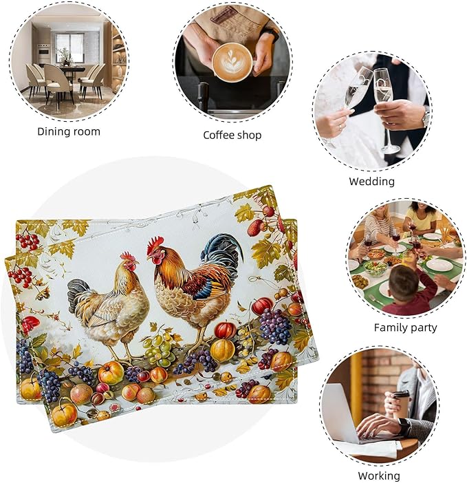 Rooster Placemats Set of 4 Farmhouse Fruits Chicken Placemats Farm Cock Chicken Country Hen Washable Place Mats for Party Kitchen Dining Decoration 4 PCS