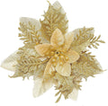 Zhuqing 15Pcs Christmas Poinsettia Artificial Flowers Decorations, Glitter Poinsettia Christmas Tree Ornaments, Gold Tree Flowers for Xmas/Wedding/Holiday/Wreath/Garland Decor, with Cilps, 5.5 Inch