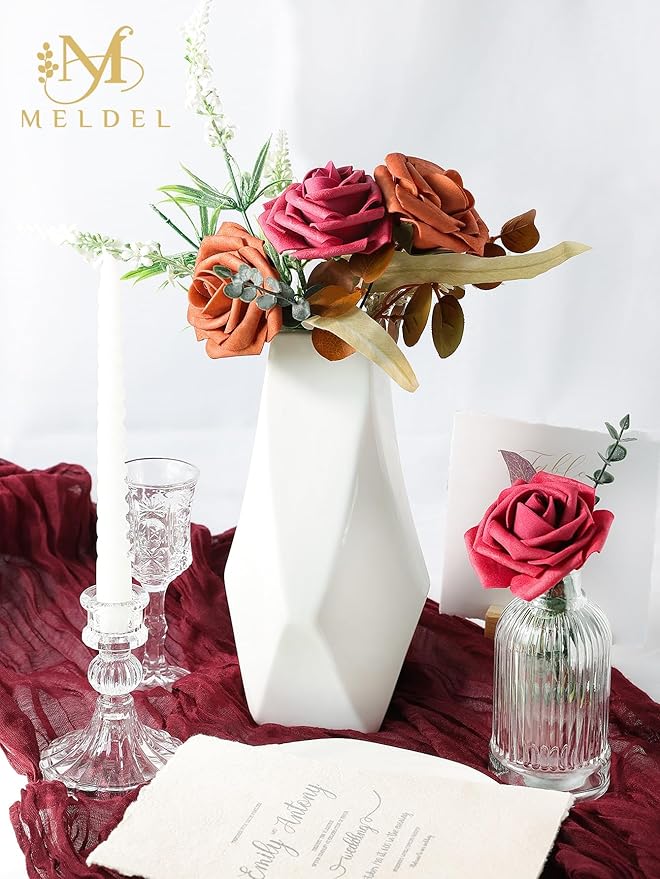 Meldel Artificial Flower 25pcs Real Looking Red Fake Foam Roses with Stems for DIY Wedding Bouquets Gifts Bridal Shower Faux Floral Centerpieces Arrangements Home Party Tables Decorations