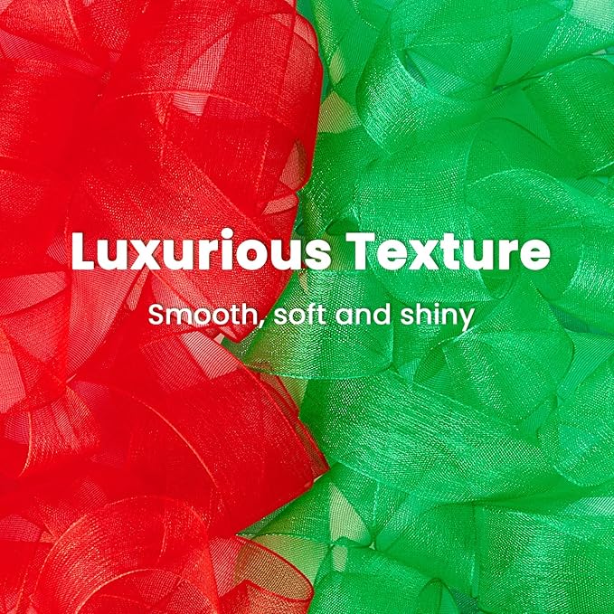 100 Yards Red & Green Sheer Organza Ribbons for Bow Making, Gift Wrapping, Christmas Decoration