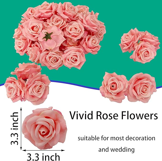 Artificial Satin Rose Flower Heads,48 Pcs Silk Rose Heads with Stems,3.3'' Rose Artificial Flowers Bulk,Artificial Rose Flower Heads for DIY Crafts Bouquet (48, Pink)