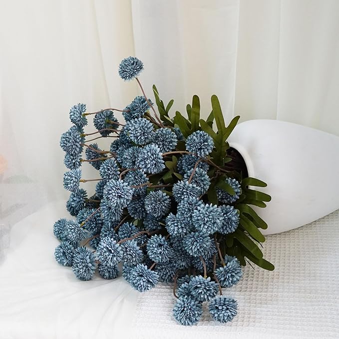 12 Stems Faux Kiku Flower Faux Silk Mini Chrysanth with Stems Bulk Fake Wedding Filler Flowers Pompon Mum Artificial Dusty Blue Flowers Ball for Floral Arrangements